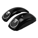 Glossy black motorcycle saddlebags with built-in chrome audio speakers