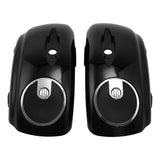 Glossy black motorcycle saddlebags with built-in round speakers, chrome accents