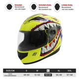 Yellow shark mouth graphic motorcycle helmet sizing chart and head shape guide