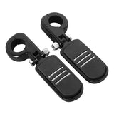 Black motorcycle foot pegs with chrome accents, metal clamp mounts, isolated on white