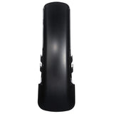Black plastic motorcycle front fender replacement part, isolated on white background