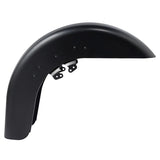 Matte black motorcycle rear fender with mounting brackets on white background