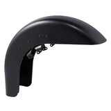 Matte black motorcycle rear fender with mounting brackets against white background