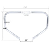Chrome motorcycle engine guard with measurements 31.5 x 19.47 x 9.3 inches, 1 1/4 inch tube.