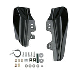 Black motorcycle saddlebag support brackets with mounting hardware set on white background