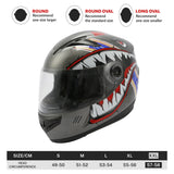 XXL motorcycle helmet with shark teeth graphic, size guide, head shape fit recommendations