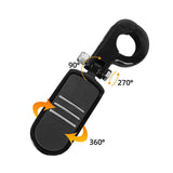 Adjustable black motorcycle foot peg with rotation angle indicators, chrome accents, isolated.