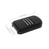 Black car pedal cover with silver stripes, product dimensions marked in centimeters and inches