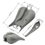Motorcycle seat and side cover set in gray with detailed measurements shown