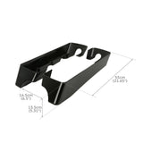 Black metal automotive part with cutouts, shown on white background with detailed measurements