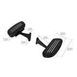 Black motorcycle foot pegs with chrome lines and measurements in centimeters and inches