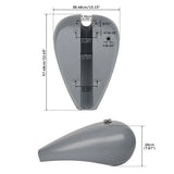 Gray motorcycle gas tank with detailed dimensions, teardrop shape, top and bottom view
