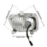 Silver automotive light housing with wiring, labeled dimensions 10.69cm x 9.98cm x 8.48cm