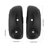 Black motorcycle saddlebags with speaker cutouts and measurement dimensions shown