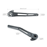 Black metal bike crank arms with precise measurements shown on white background
