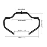 Black motorcycle engine guard with precise measurements in centimeters and inches.