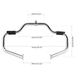 Chrome motorcycle crash bar with black grip pads and labeled dimensions on white background
