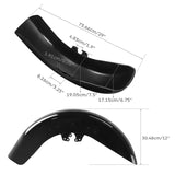 Black motorcycle rear fender with detailed dimensions in centimeters and inches