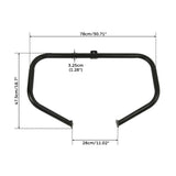 Black metal motorcycle crash bar with measurements in centimeters and inches