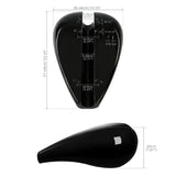 Glossy black teardrop motorcycle seat pan with detailed measurements in centimeters and inches