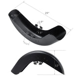 Black motorcycle rear fender with mounting brackets and detailed measurement dimensions