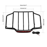 Black motorcycle luggage rack with LED brake light and dimensions, shown on white background