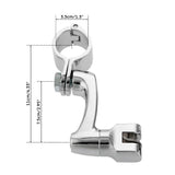 Chrome motorcycle mirror mount clamp bracket with bolt, shown with size measurements