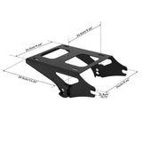 Black metal motorcycle luggage rack with dimensions labeled in centimeters and inches