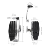 Chrome and black motorcycle foot pegs with detailed size measurements in centimeters and inches