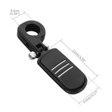 Black motorcycle foot peg with silver accents, clamp mount, shown with size measurements.