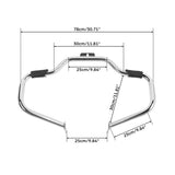 Chrome motorcycle crash bar with black pads, dimensions labeled in centimeters and inches