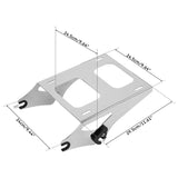 Silver metal battery holder bracket with dimensions, square cutouts, and mounting slots