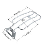 Chrome motorcycle luggage rack with precise measurements in centimeters and inches