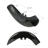 Black motorcycle rear fender with mounting holes and dimensions labeled in inches