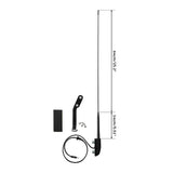 Black car radio antenna kit with mounting bracket, cable, screws, and measurements displayed