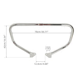 Chrome motorcycle crash bar with dimensions, 30.71 inch wide, 16.54 inch tall.