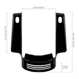 Black motorcycle headlight fairing with vented front, showing measurements in cm and inches.