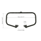 Black metal motorcycle crash bar with mounting brackets and dimensions shown