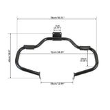 Black motorcycle crash bar with measurement dimensions in centimeters and inches on white background