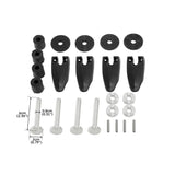 kayak scupper plug kit with black rubber stoppers, washers, mounting brackets, and bolts