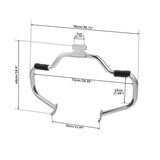 Chrome motorcycle engine guard crash bar with measurements, black grips, white background