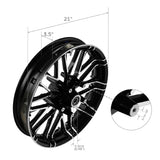 Black custom motorcycle wheel with chrome spokes, 21 inch diameter, 3.5 inch wide, close-up inset.