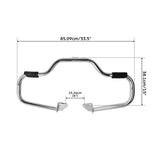 Chrome motorcycle engine guard crash bar with dimension labels on white background
