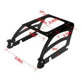 Black metal motorcycle luggage rack with red measurement dimensions in inches.