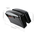 Black motorcycle saddlebags with detailed dimensions, hard shell design, and reflective strip